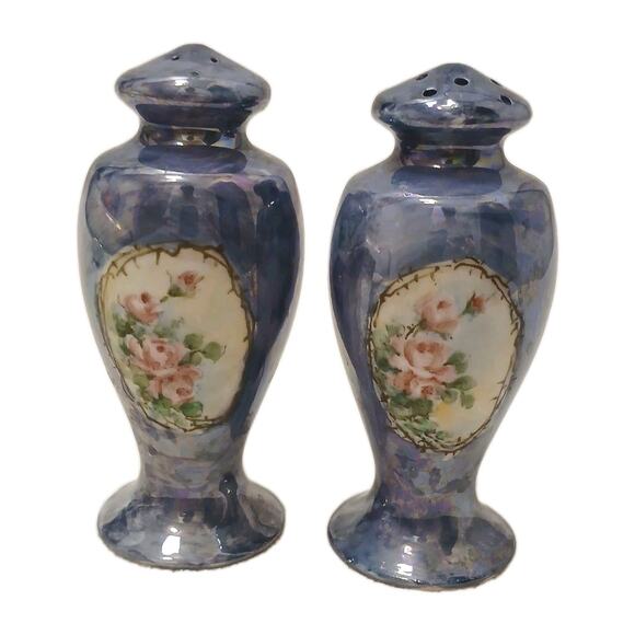 Antique Victorian Rose Salt & Pepper Shakers Blue Iridescent Noritake Japan VNTG - Picture 7 of 16